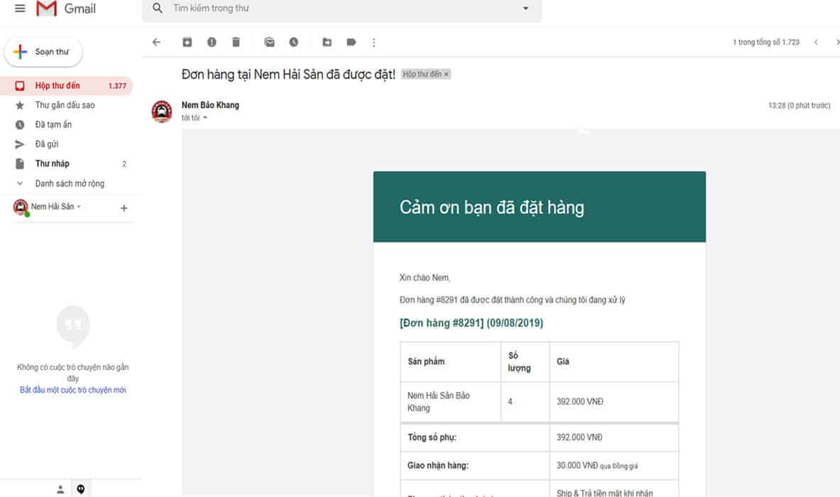 email thông báo cảm ơn quý khách đã đặt hàng
